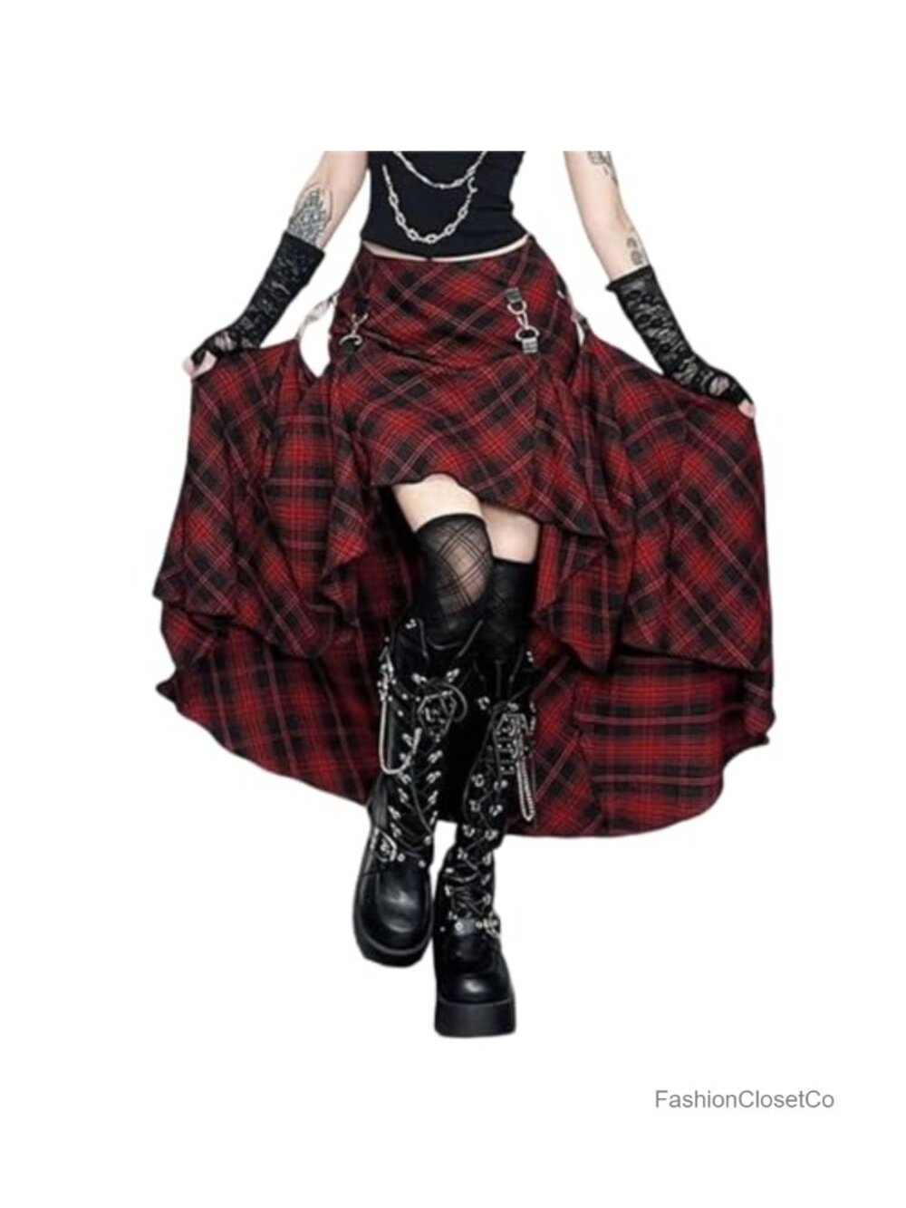 Goth Asymmetrical Midi Skirt High Low Plaid Ruffle Flowy
